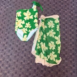 Green Floral‎ One-Shoulder Swimsuit with Sarong  boutique purchase three XL